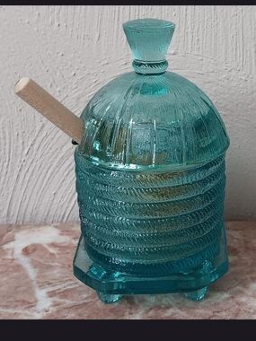 Teal Glass Honey Jar with Wooden Dipper - Elegant Serveware